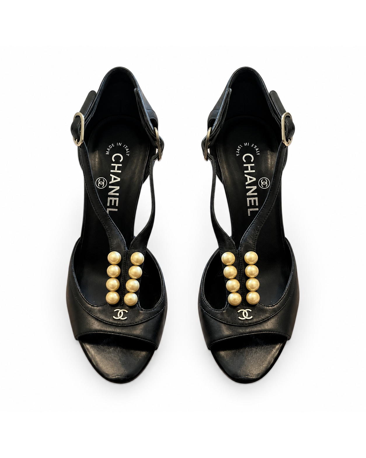 Chanel Black Leather Slingback Heels with Pearl Detail